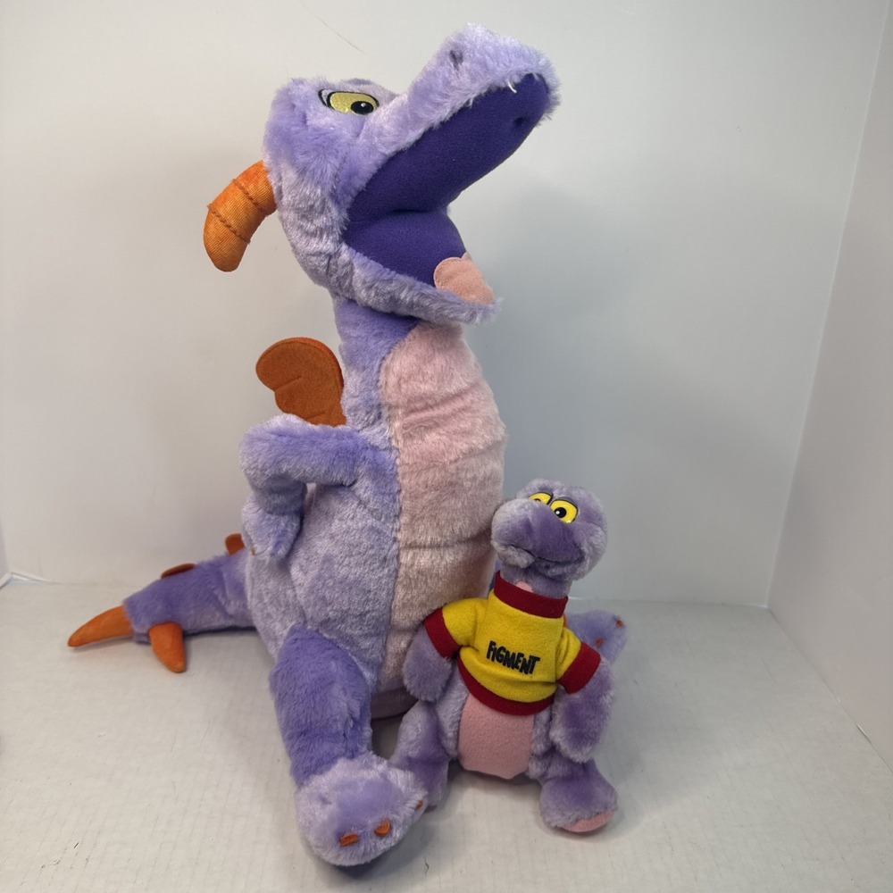 Lot of 2 Disney Disneyland Figment Plush Stuffed Purple Dragon Epcot 14" And 7"